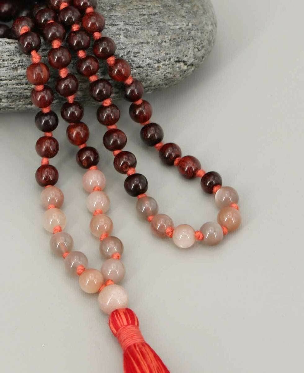 Rosewood and Peach Moonstone 108 Beads Meditation Mala