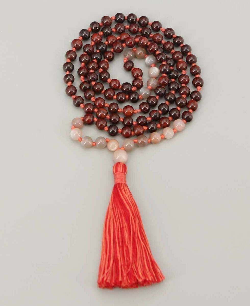 Rosewood and Peach Moonstone 108 Beads Meditation Mala